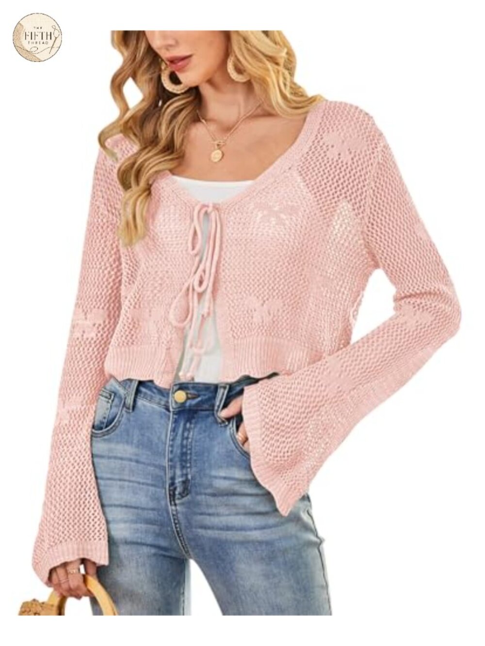 Crochet Cardigan Tie Front Bell Sleeve Open Knit Sweater